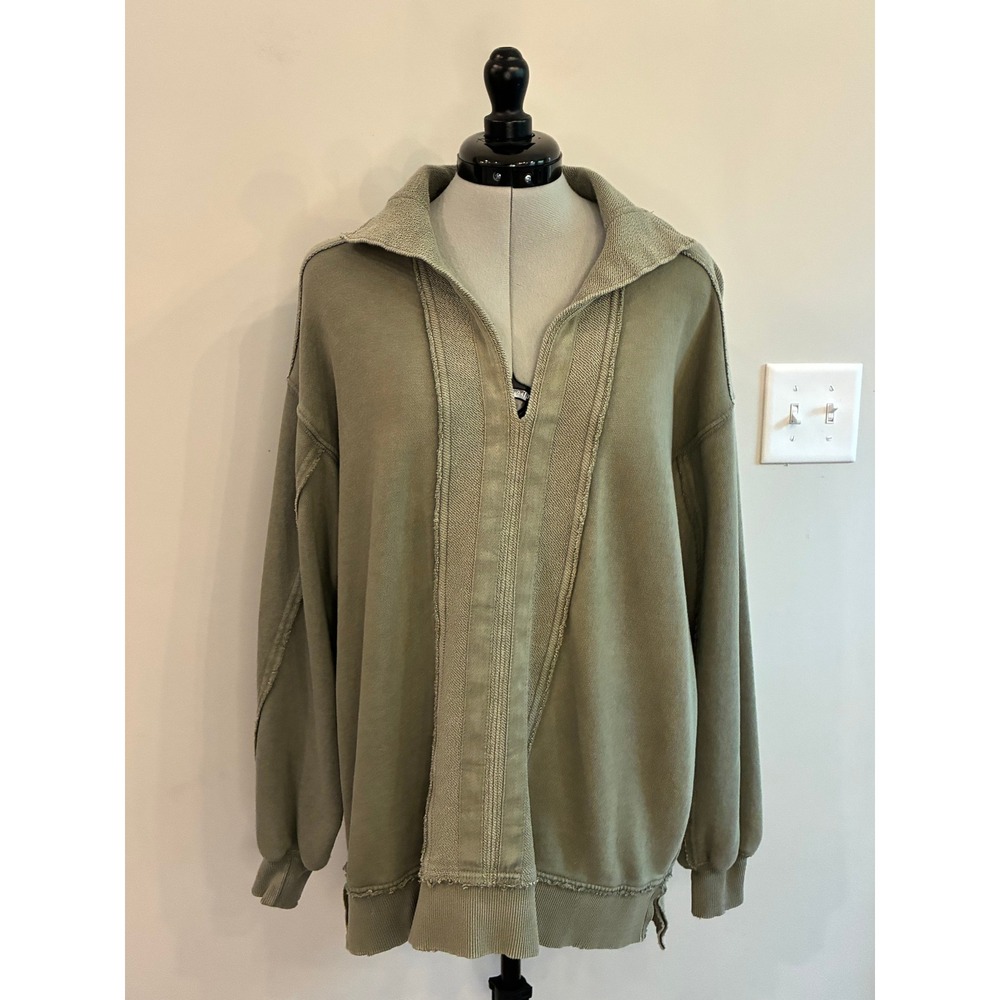 Aerie Olive Green Oversized Raw Edge V-Neck Sweatshirt XS